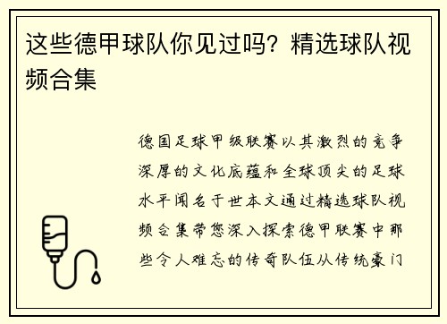 这些德甲球队你见过吗？精选球队视频合集