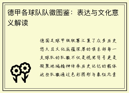德甲各球队队徽图鉴：表达与文化意义解读